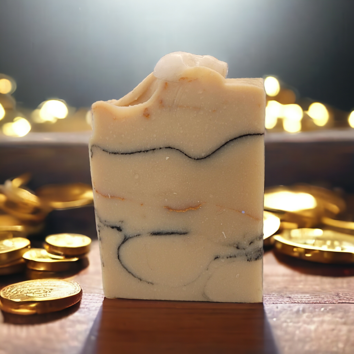Gold Tooth Pirate Soap is white with lines of black charcoal and gold dust with a pirate skull on top by The Blue Pelican Bath & Body