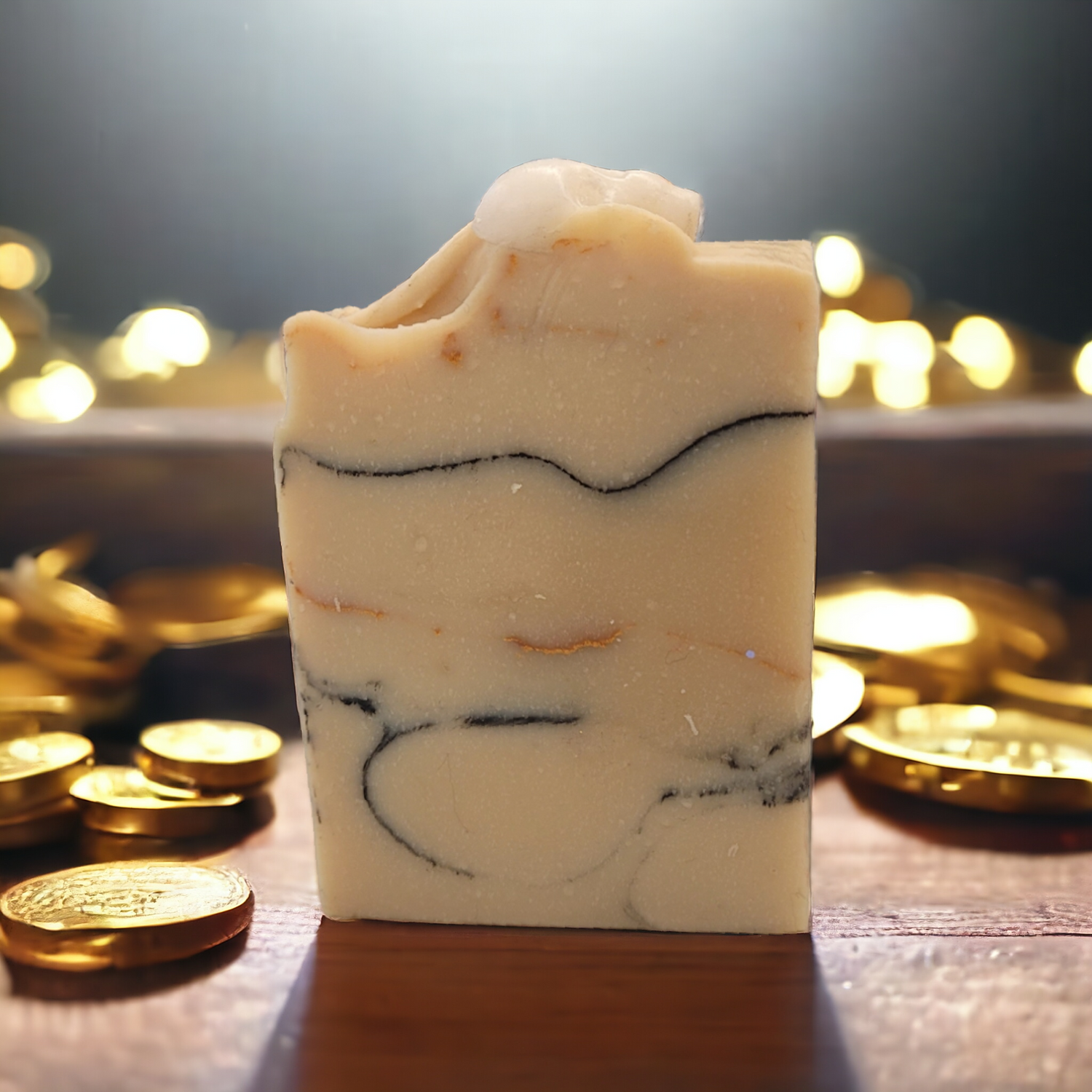 Gold Tooth Pirate Soap is white with lines of black charcoal and gold dust with a pirate skull on top by The Blue Pelican Bath & Body