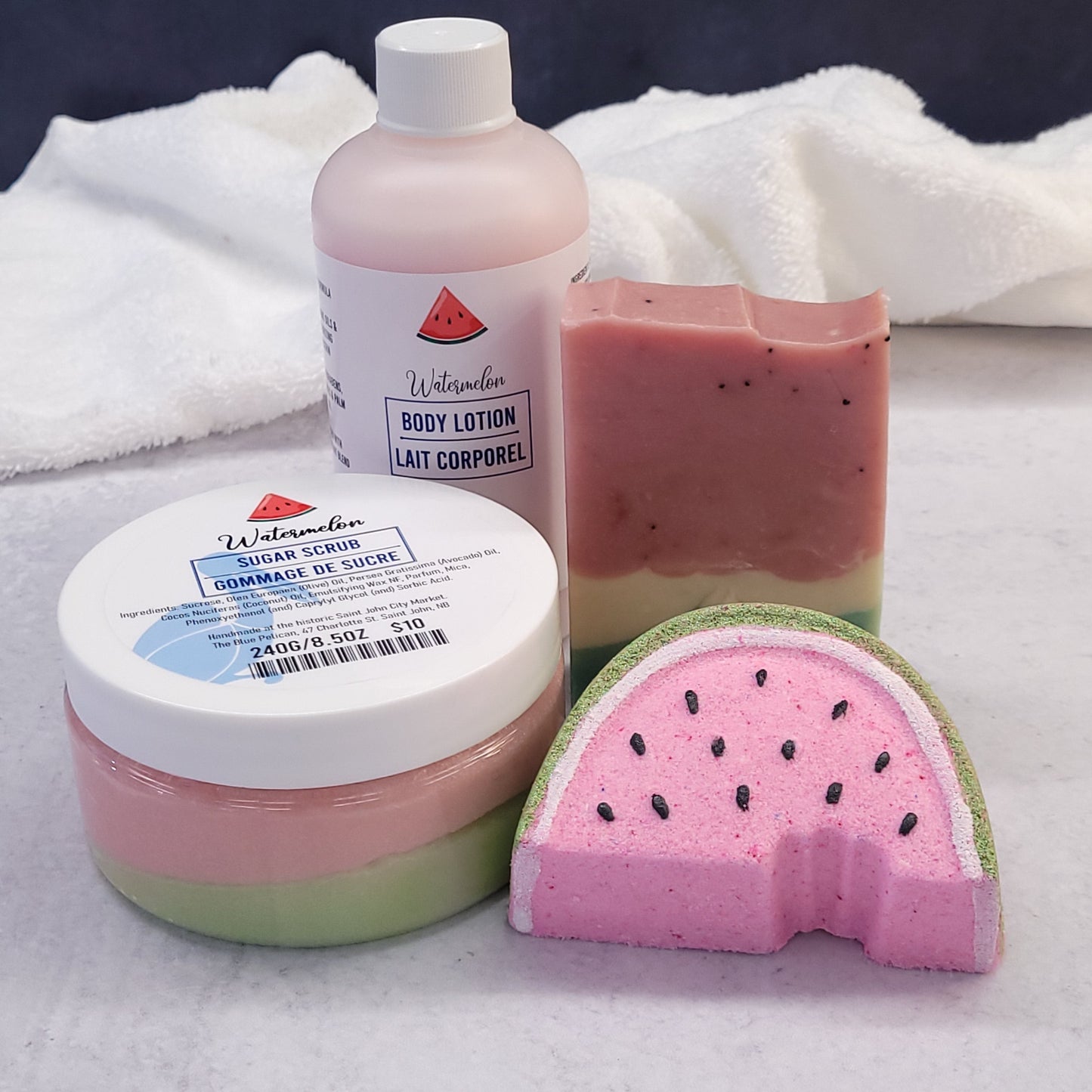 Watermelon Bath Bomb, Sugar Scrub, Soap and Lotion by The Blue Pelican