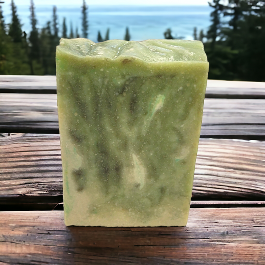 Tall Timbers Soap is a bar of soap with green and black swirls by The Blue Pelican Bath & Body